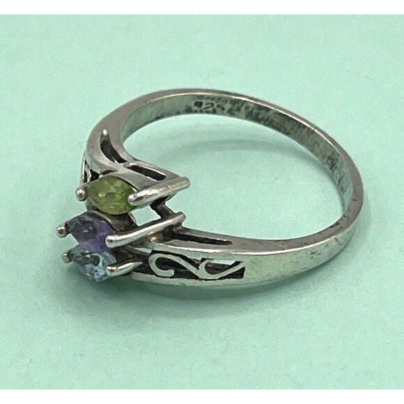Vintage 925 Silver Three Stone Marquis Ring Peridot Topaz Amethyst Size 9.75 - Picture 5 of 6